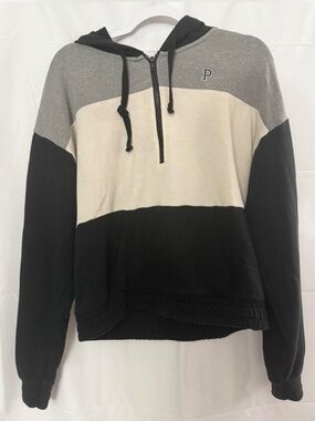 PINK Victoria's Secret Black Gray and Cream Colorblock Half-Zip Hoodie